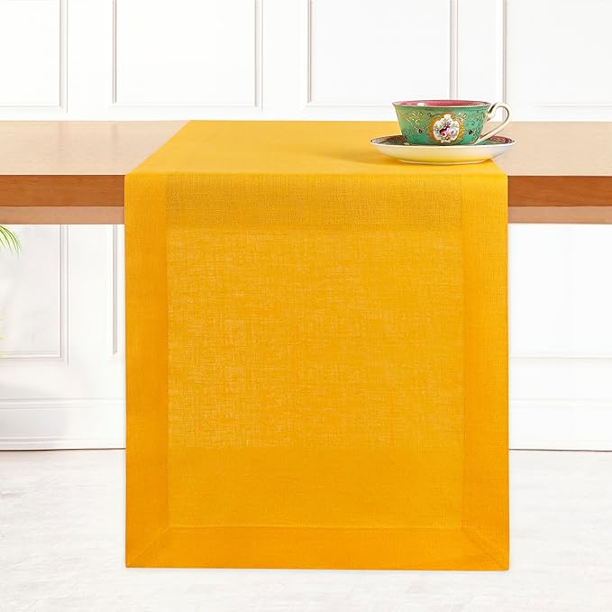 D'Moksha Homes Linen Table Runner 36 Inches - 100% Pure Linen Sunflower Yellow Small Table Runner 14 x 36 Inch for Dresser, Coffee Tables, Fall, Thanksgiving, Holiday-Machine Washable
