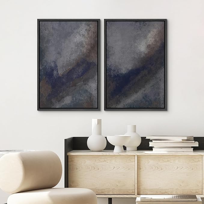 SIGNWIN Framed Canvas Print Wall Art Set Midnight Slate Abstract Blue and Gray Brushstroke Zen Bohemian for Living Room, Bedroom, Office - 24"x36"x2 BLACK