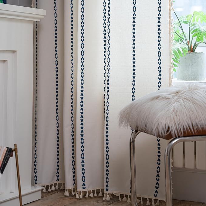 Sutuo Home Boho Curtains for Living Room Bedroom, Semi Blackout Farmhouse Vintage Tassels Window Treatment Bohemian Embroidery Drape, Rod Pocket 1 Panel 52" W x 96" L, White and Navy Blue