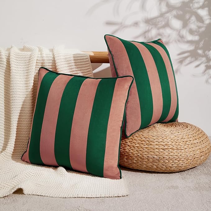 MONDAY MOOSE Decorative Throw Pillow Covers Cushion Cases, Set of 2 Soft Velvet Striped Piping Edge Designs, Pillow Inserts Not Included (Pink/Green, 20x20 inch)