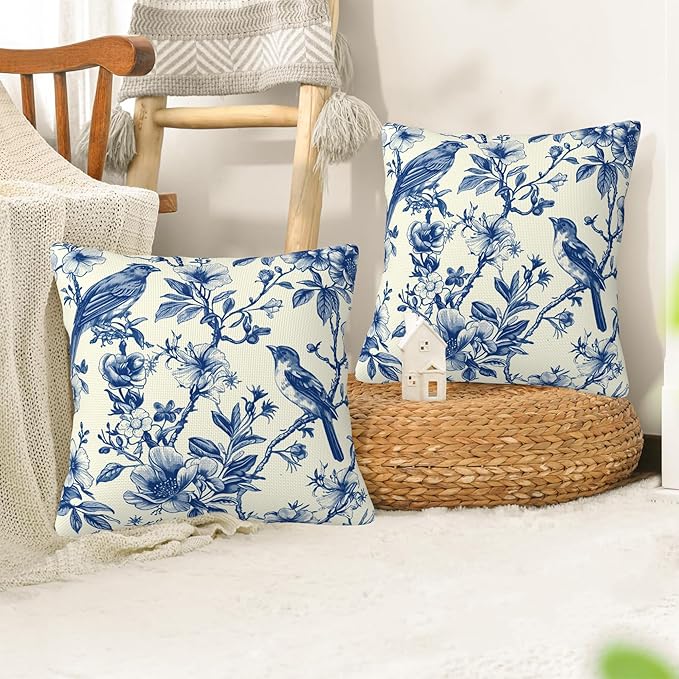 Blue Bird and Flowers Pillow Covers 18X18 Set of 2, Vintage Toile Wild Floral Decorative Throw Pillow Covers, Pillowcase Cushion Case for Home Sofa Couch Indoor Outdoor Decorations