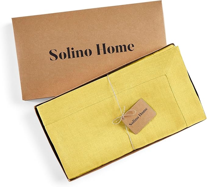 Solino Home Linen Tablecloth for Rectangle Tables 60 x 90 Inch - 100% Pure Linen Sunshine Yellow Table Cloth - Fete, Machine Washable Cloth Tablecloth