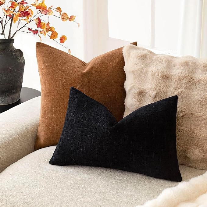 Foindtower Pack of 2 Soft Textured Throw Decorative Pillow Covers Lumbar Accent Solid Cushion Cover Cozy Farmhouse Pillow Case with Zipper for Couch Sofa Bedroom Living Room 12x20 Inch, Black