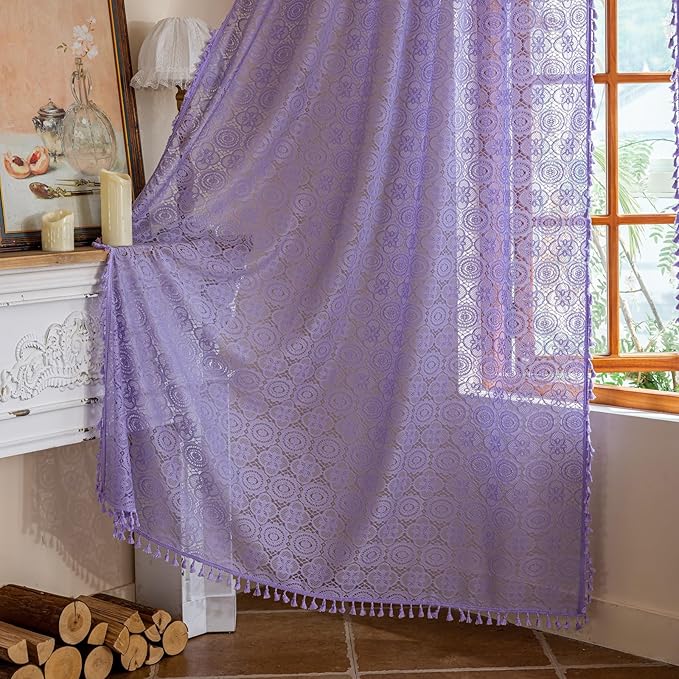 Lavender Curtains 72 Inches Long 2 Panels Set Cottage Style Purple Lace Curtains with Tassel Boho Floral Sheer Window Treatment for Front Back Patio Glass Door Rod Pocket 59" W x 72" L Light Violet