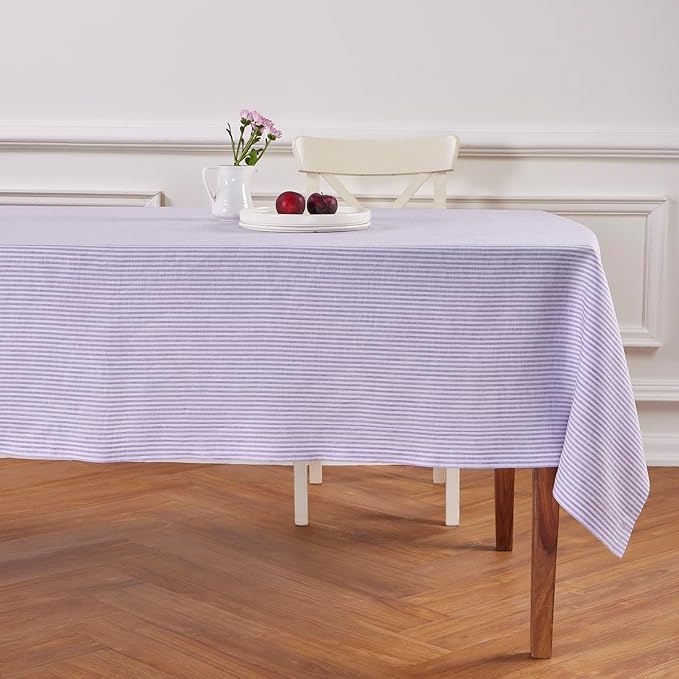 Solino Home Linen Striped Tablecloth 60 x 108 Inch - 100% Pure Linen Lavender and White Table Cloth for Rectangle Tables - Narrow Stripe, Machine Washable Tablecloth for Fall, Thanksgiving, Christmas