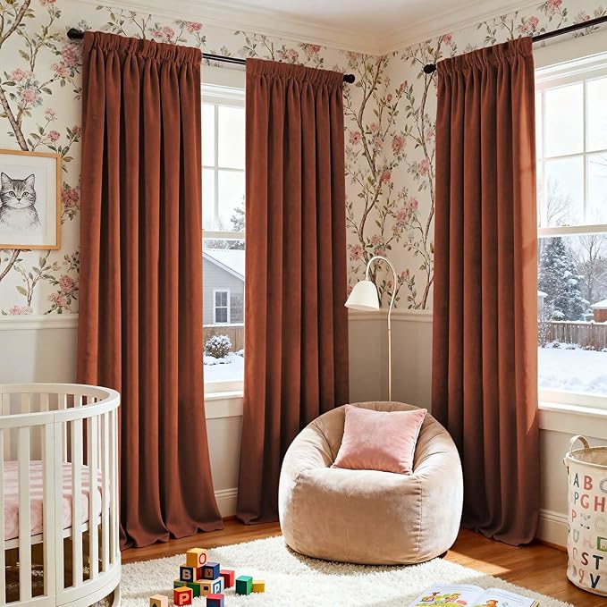 Lazzzy Velvet Blackout Curtains Thermal Insulated Room Window Drapes Super Soft Luxury Curtains for Living Room Bedroom Rod Pocket 2 Panels, Burnt Orange, 52" W x 120" L