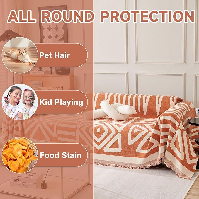 VClife Couch Cover Boho, Caramel Jacquard Sofa Cover for 3 Cushion Couch Sofa, Anti Slip Dog Sofa Couch Cover Washable Sofa Slipcover L-Shape Sectional Sofa Cover with Tassel, 91"x150"