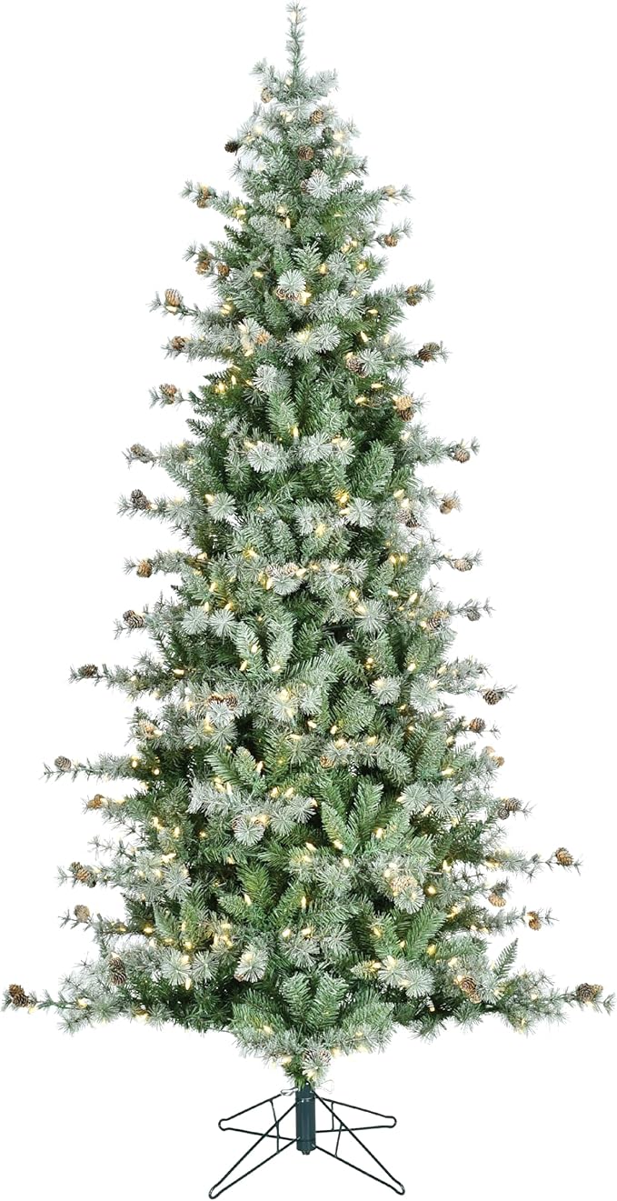 Fraser Hill Farm 7.5-Ft. Buffalo Fir Slim Artificial Christmas Tree with White Incandescent Smart Lights, Prelit Foldable Fake Tree with Realistic Snowy Foliage and Pinecones for Home Decoration