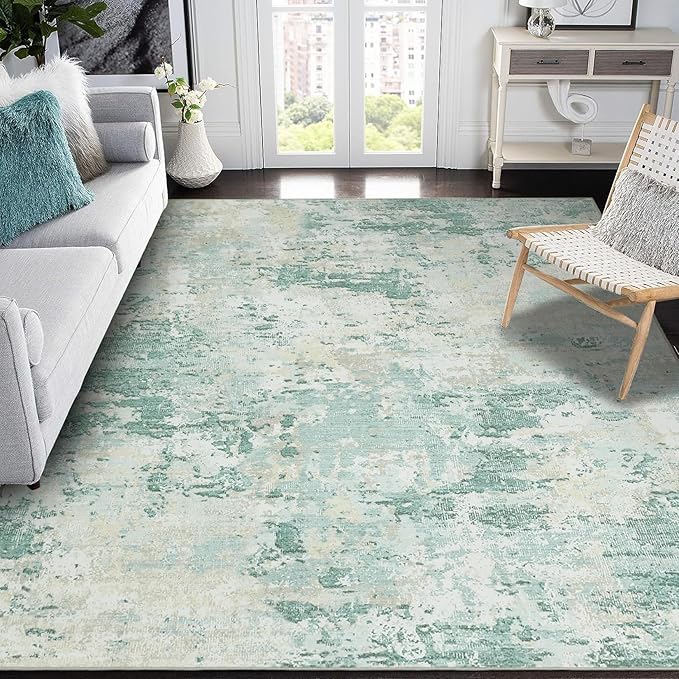 Modern Abstract Area Rug 8x10 Non Slip Non Shedding Rug Low Pile Stain Resistant for Bedroom Living Room,Green