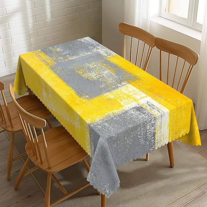 Yellow Grey Tablecloth Abstract Oil Painting Rectangle Tablecloth Modern Grey White and Yellow Art Painting Doodles Table Cover 54×72 Inch Washable Table Cloth for Kitchen Dining Room Party