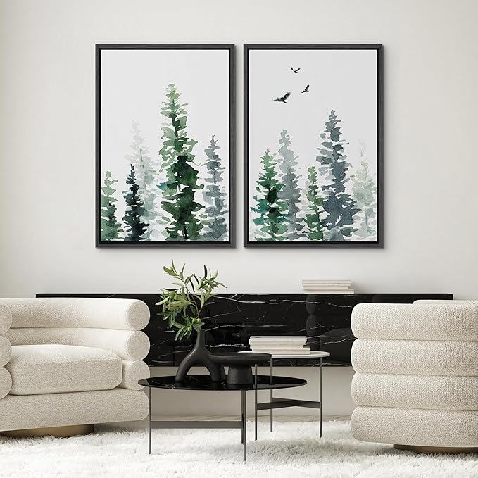 SIGNWIN Framed Wall Art Print Set Watercolor Green & Gray Forest and Birds Nature Wilderness Illustrations Modern Art Rustic Relax/Calm Multicolor for Living Room, Bedroom, Office - 24"x36"x2 Black