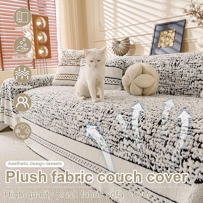 ROOMLIFE Thicked Striped Boho Black Couch Cover for 2-3 Cushion Sofa, Fuzzy Plush Warm Sofa Slipcovers Sectional Sofas Covers, Non Slip Washable Furniture Protector Soft with Tassel,Winter 71''X118”