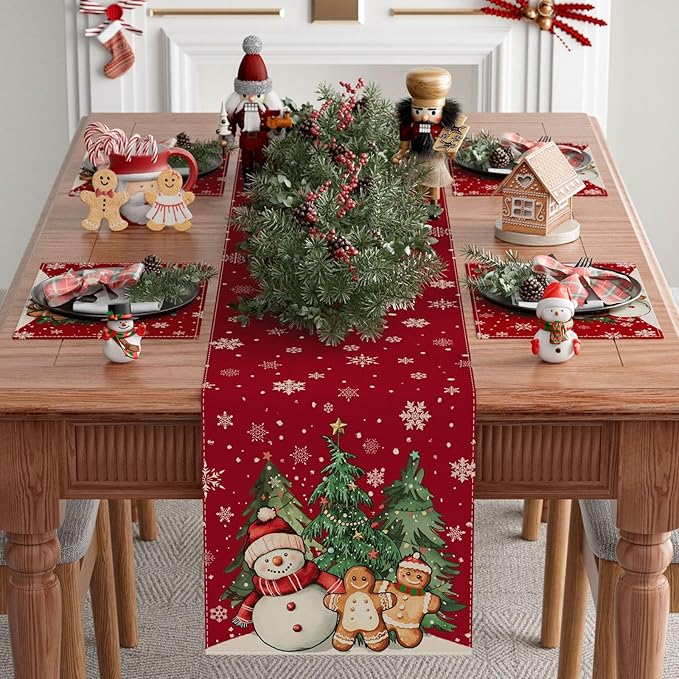 XCHI Winter Red Snowman Gingerbread Man Christmas Tree Xmas Table Runner Table Decoration for Party Home Kitchen Dining Holiday Decor 13x90 Inch