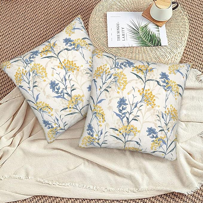 Spring Summer Seasonal Pillow Covers 20x20 Inch Set of 2 Watercolor Blue Yellow Flower Throw Pillow Cover Vintage Plant Floral Square Pillowcase Cushion Cases for Home Couch Bed Sofa
