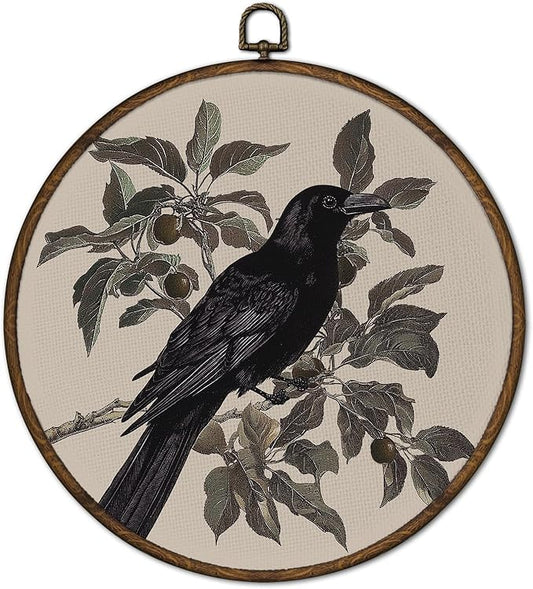 cvjutf Vintage Black Crow Wall Art Decor Framed, Raven Wall Art, Gothic Crow Botanical Round Wall Decor, Antique Dark Cottagecore Raven Canvas Prints Art for Bathroom Living Room, 10x10 Inch