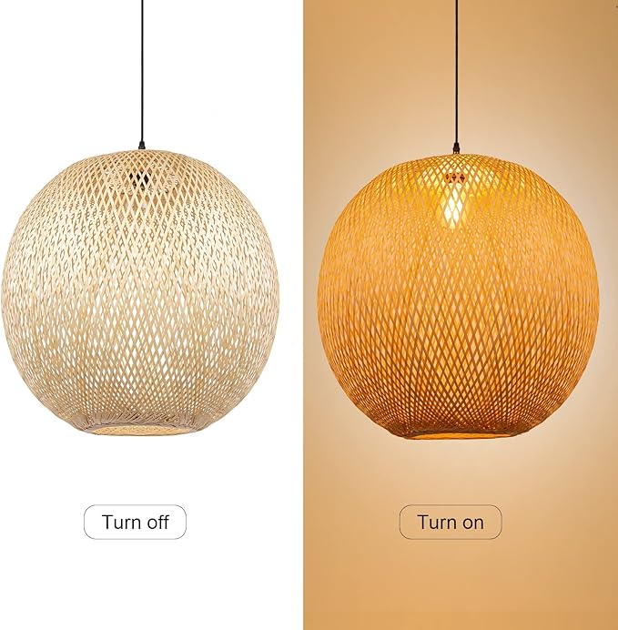 Arturesthome Bamboo Pendant Lighting Fixtures, Round Wicker Chandelier Hand-Woven Boho Basket Lampshade Hanging Ceiling Light for Kitchen Island Living Room