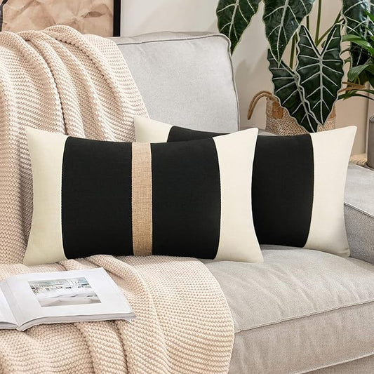 Pyonic Set of 2 Black Linen Patchwork Throw Lumbar Pillow Covers for Couch Farmhouse Decorative Outdoor Pillow Cover for Sofa Living Room Bedroom 12x20 Inch