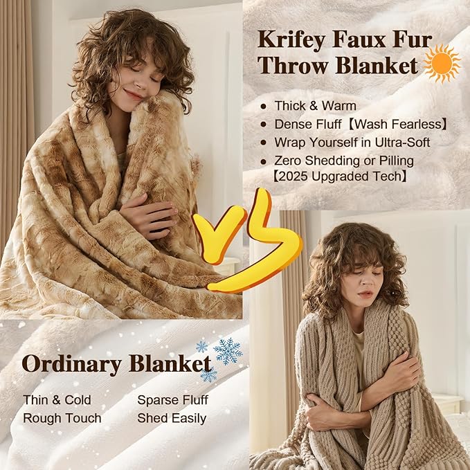 Krifey Faux Fur Blanket for Queen Size Bed, 3D Texture Soft Cozy Fuzzy Plush Warm Blanket, Christmas Birthday Gifts for Women Mom Girlfriend Men, Room Decor, Marbled Beige, 90x90in