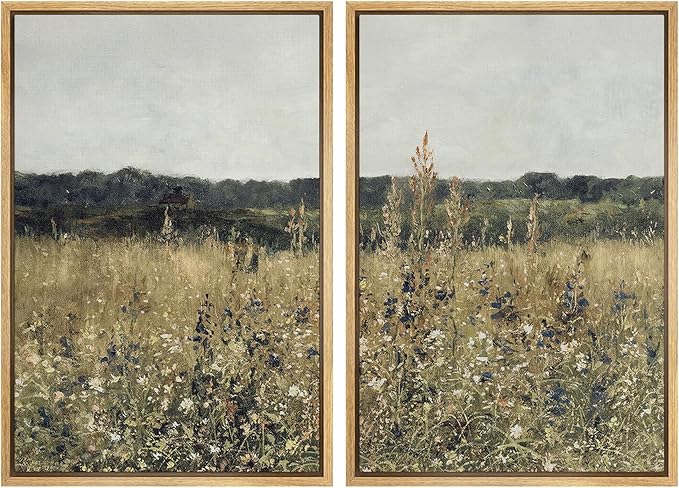 SIGNWIN Framed Canvas Print Wall Art Set Wildflower Meadow Under a Gentle Overcast Sky Illustration Modern Art Minimalism Decorative Nordic for Living Room, Bedroom, Office - 16"x24"x2 Natural