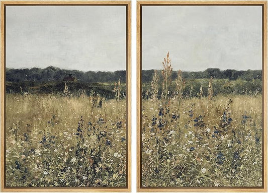 SIGNWIN Framed Canvas Print Wall Art Set Wildflower Meadow Under a Gentle Overcast Sky Illustration Modern Art Minimalism Decorative Nordic for Living Room, Bedroom, Office - 16"x24"x2 Natural