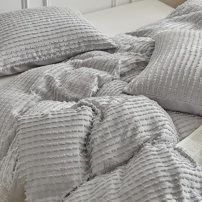 WARMDERN Boho Duvet Cover Set Queen Size,Grey Striped Duvet Cover Microfiber Bedding Set,3PCS Ultra Soft Breathable Lightweight Tuft Texture Pattern Duvet Covers with Zipper Closure(Grey,Queen)