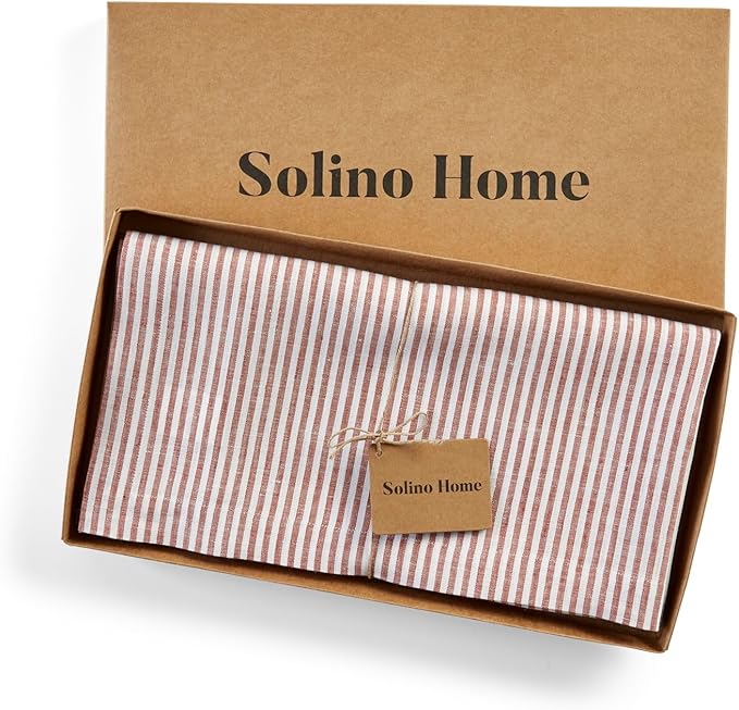 Solino Home Linen Square Tablecloth 52 x 52 Inch - Narrow Stripe, 100% Pure Linen Cinnamon and White Table Throw - Machine Washable Tablecloth for Fall, Autumn, Thanksgiving