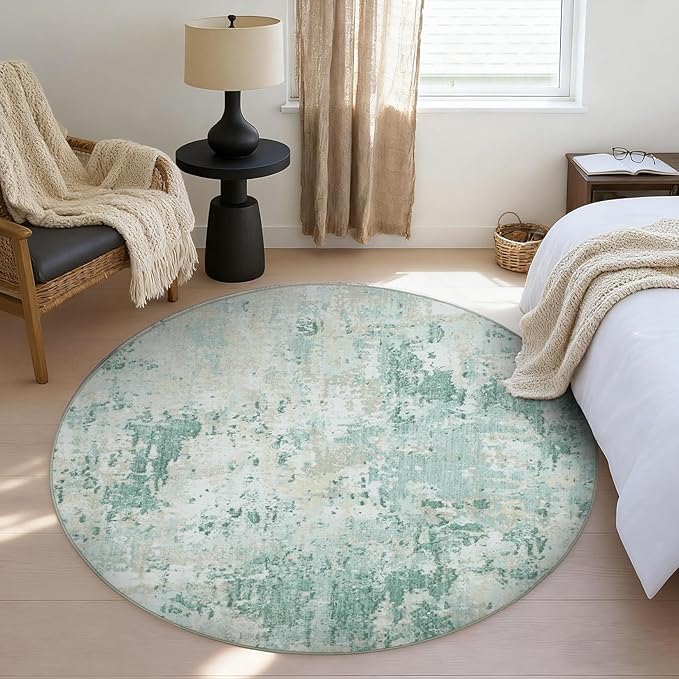 Modern Abstract 8x8 Round Area Rug Non Slip Non Shedding Rug Low Pile Stain Resistant for Bedroom Living Room Office Dining Room,Green