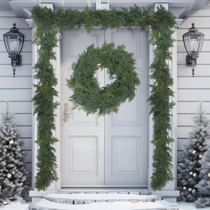 Dingion 1 PCS 9 ft Christmas Cedar Garland - Thick & Soft Artificial Realistic Cedar Pine Garland for Home Mantle, Stair, Fireplace, Wall, Indoor, Outdoor Christmas Winter Holiday Party Decoration