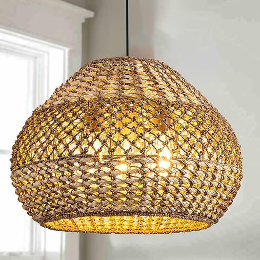 Rattan Pendant Light Fixtures,18.9" Boho Seagrass Pendant Light,3-Light Hand Woven Water Plants Rattan Chandelier for Dining Living Bedroom Kitchen Farmhouse
