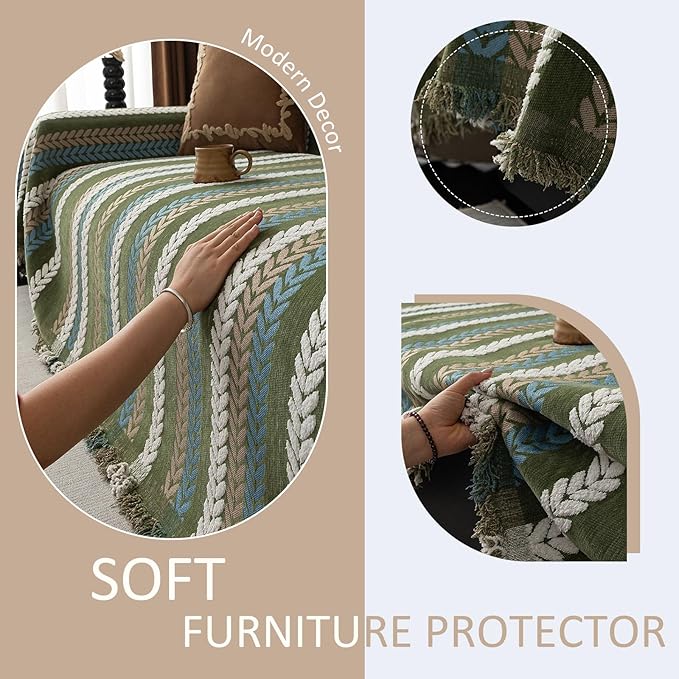 VClife Dog Couch Cover Sofa Covers, Chic Stripe Couch Cover for 2 Cushion Couch, Washable, Non Slip & Wear Resistant, Pet Friendly Sofa Protector Sectional Sofa Couch Slipcover, Green, 71''x118''