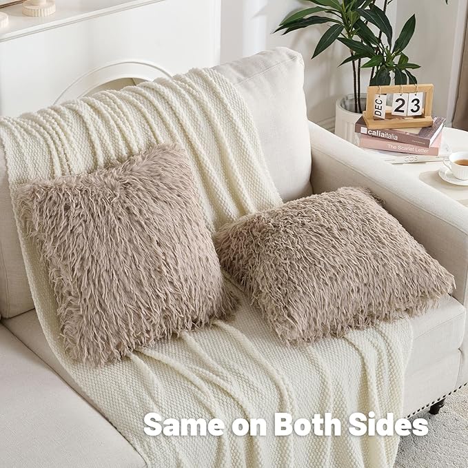 FUTEI Khaki Decorative Throw Pillow Covers 24x24 Inch Set of 2,Soft Fluffy Faux Feather Texture European Cushion Cases,Modern Home Luxury Decor for Couch Bed Living Room