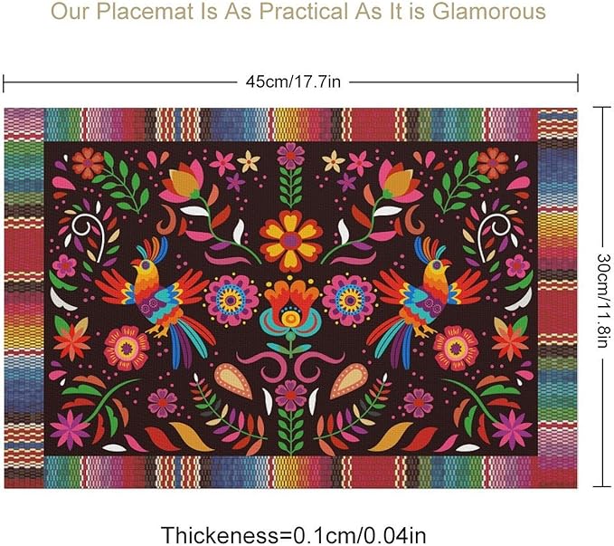 Mexican Cinco De Mayo Placemat Set of 4, 12x18 Inch Colorful Mexico Fiesta Talavera Floral Birds Dia De Los Muertos Day Vintage Coffee Table Mats for Outdoor Kitchen Dining Table Decoration