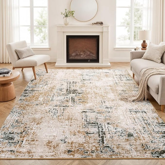 Rugflix 5x7 Area Rug for Living Room, Washable Modern Abstract Rug Low-Pile Non Slip Backing, Soft Large Farmhouse Carpet for Bedroom Dining Room Home Office, Brown Grey