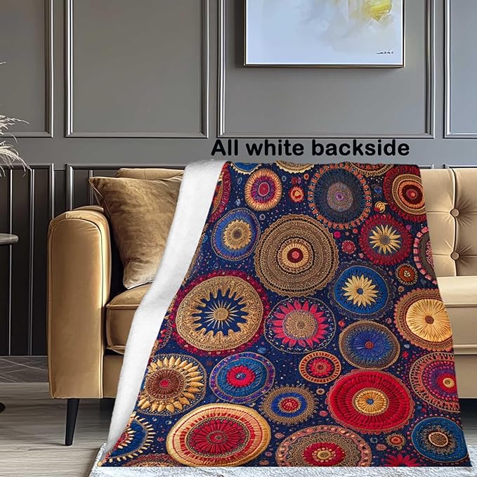 Colorful Bohemian Printed Blanket for Women Men, Mandala Circular Patterns Soft Lightweight All Season Throw for Home Decor, Couch, Bed, Camping, Travel, 50x60 Inches