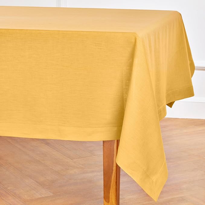 Solino Home Linen Tablecloth 60 x 120 Inch - 100% Pure Linen Mustard Yellow Table Cloth for Rectangle Tables - Fete, Machine Washable Tablecloth for Thanksgiving