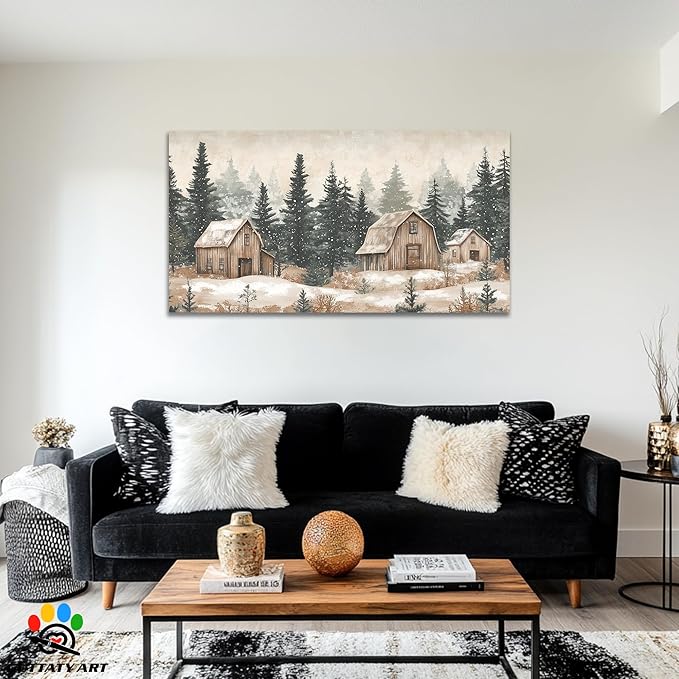 GUTTATY Christmas Winter Scene Canvas Wall Art, Rustic Barn and Forest Wall Paintings, Snowy Holiday Pictures Prints, Cozy Seasonal Canvas Artwork Poster for Living Room Bedroom, 60x30 Inch