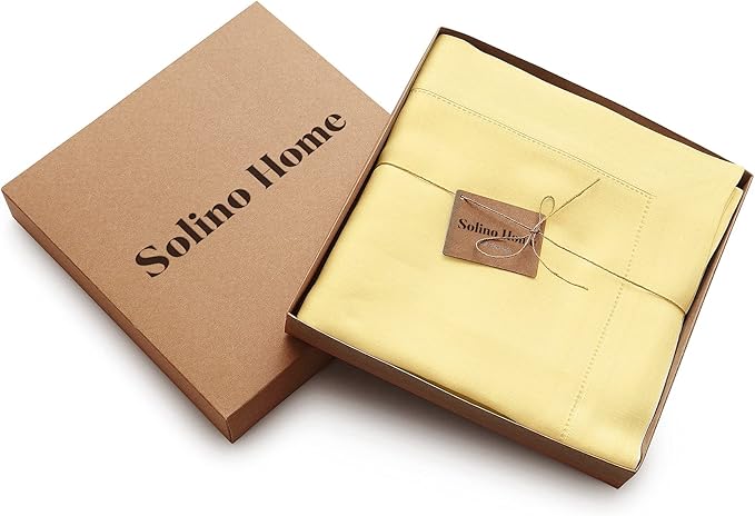 Solino Home Yellow Linen Tablecloth 54 x 72 Inch - Classic Hemstitch, 100% Pure Linen Rectangular Tablecloth - Machine Washable Table Cloth