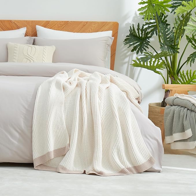 Amélie Home Waffle Blanket Queen Size for Bed, Soft Cozy Chenille Knit Blanket Warm Decorative for Bedroom, 90"x90", Ivory