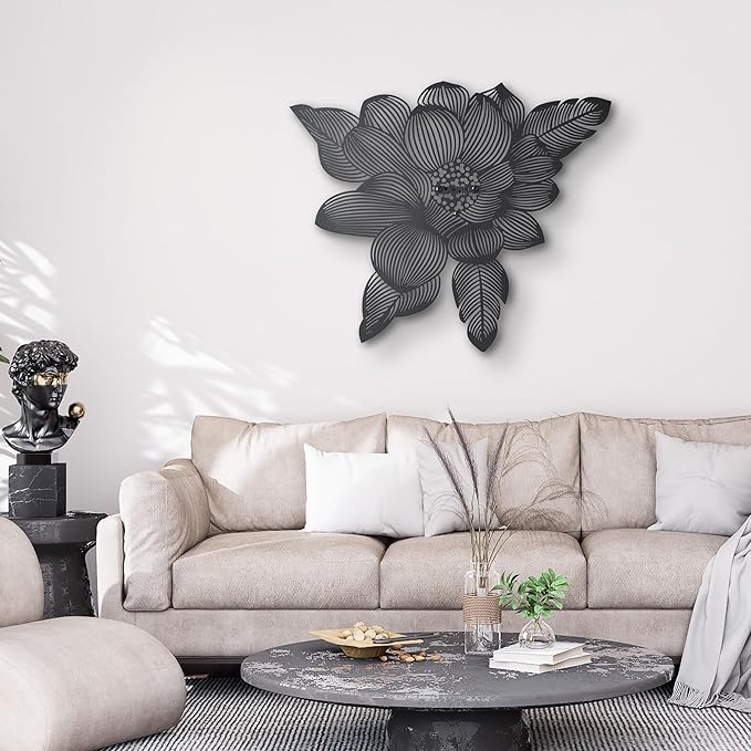 NEODECO 3D Flower Metal Wall Art, Floral Line Art, Minimalist home decor (Black, Medium)