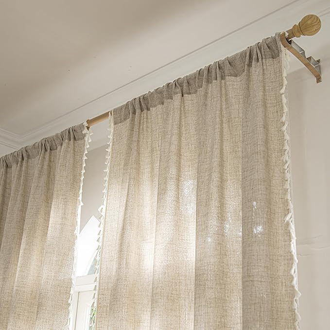 Sutuo Home Boho Curtains 63 Inches Long, Bohemian Linen Style Textured Curtains with Tassels for Living Room, Semi Blackout Farmhouse Drapes, Rod Pocket Window Treatments 2 Panels, 52" x 63", Natural