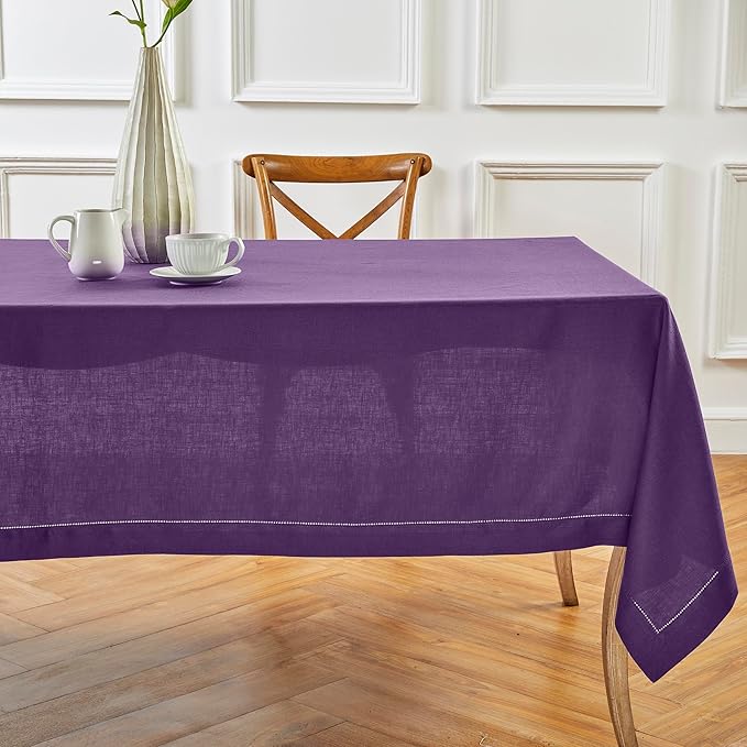 Solino Home Linen Tablecloth 60 x 108 Inch - Classic Hemstitch 100% Pure Linen Purple Table Cloth for Rectangle Tables - Machine Washable Tablecloth for Fall, Autumn, Thanksgiving