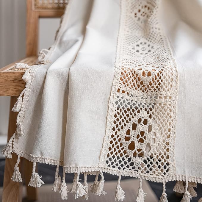 Sutuo Home Boho Curtain Crochet Lace Patchwork Semi-Blackout Bohemian Handmade Tassels, Rod Pocket Window Treatment Vintage Rustic Farmhouse Drapes for Living Bedroom, 1 Panel 59" W x 63" L, Beige