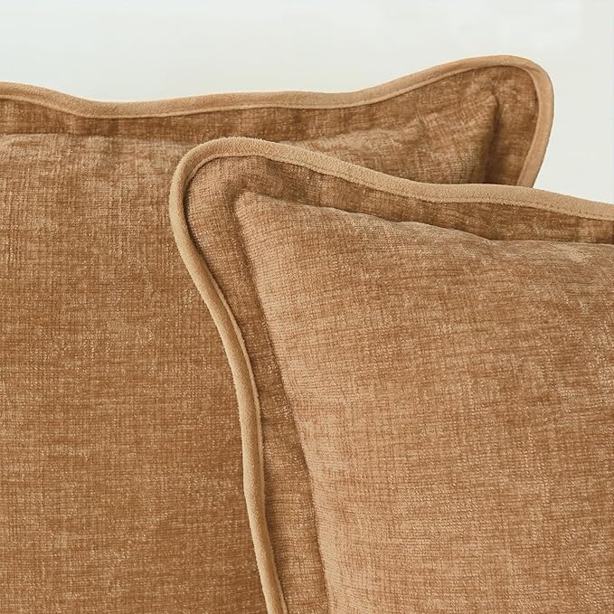 CaliTime Throw Pillow Covers Decorative 18 X 18 Inches Pack of 2 Cozy Chenille Scalloped Wavy Edge Cushion Cases for Couch Sofa Bed Living Room Farmhouse Apricot Brown