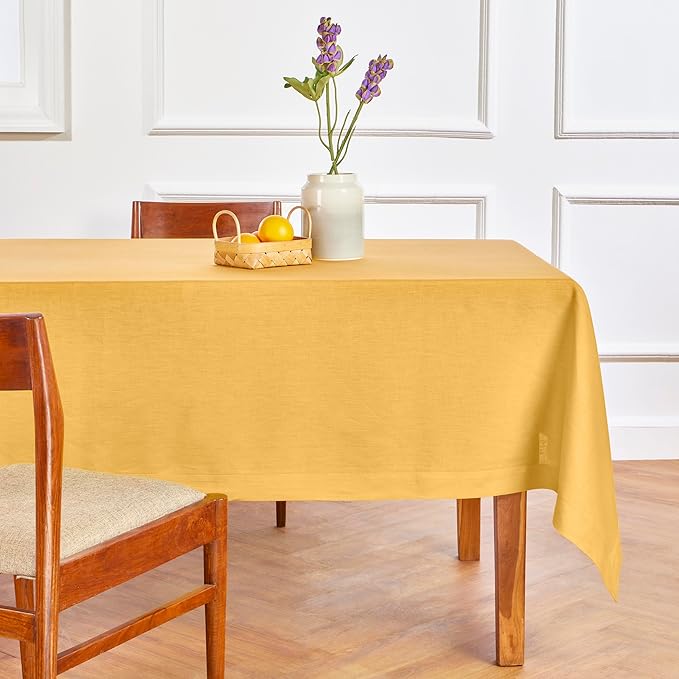 Solino Home Linen Tablecloth 60 x 90 Inch - 100% Pure Linen Mustard Yellow Table Cloth for Rectangle Tables - Fete, Machine Washable Tablecloth for Thanksgiving