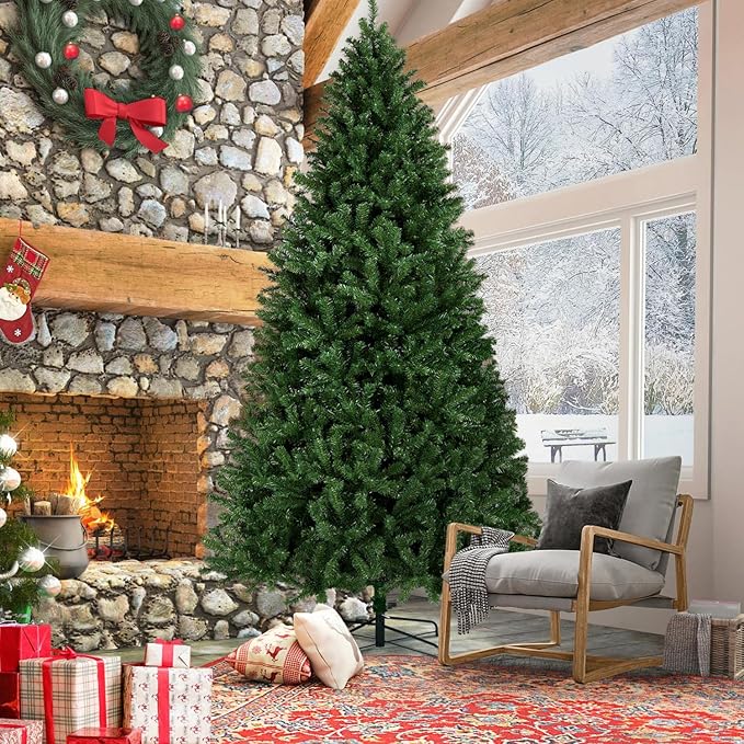 Yaheetech 9ft Pre-lit Spruce Artificial Hinged Christmas Pine Tree Prelighted Holiday Xmas Tree for Home Party Decoration with 850 Warm White Lights and 2160 Branch Tips, Green