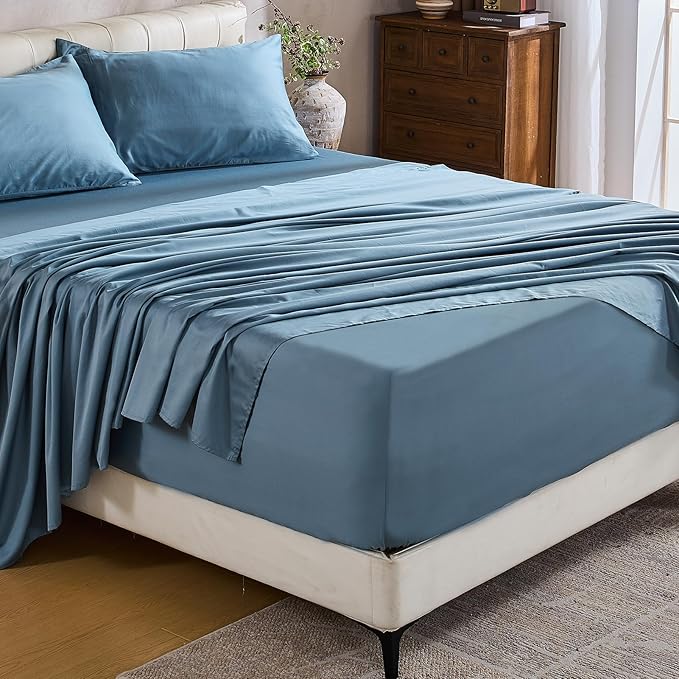 MEISHANG Extra Deep Pocket Cotton Sheets Queen Size - 100% Egyptian Cotton 1000 Thread Count - Fits 18"-24" in Deep Mattress,Oeko-Tex Certified, Soft & Breathable - 4 Piece (Queen, Smoky Blue)