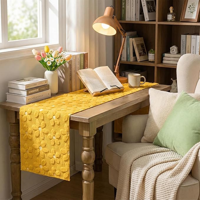 Artoid Mode Yellow Soft Plush Faux Fur Jacquard Embroidery Daisy Spring Table Runner, Kitchen Dining Table Decoration for Home Party Decor 13x120 Inch