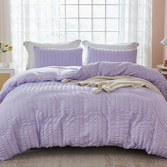 AveLom Lavender Purple Seersucker Duvet Cover Set Queen (90 x 90 inches), 3 Pieces (1 Duvet Cover + 2 Pillow Cases), Ultra Soft Washed Microfiber, Textured Duvet Cover with Zipper Closure, Corner Ties