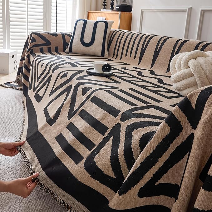 DREAMINGO Boho Couch Cover Washable Chenille Sofa Cover Blanket Light Coffee Black Furniture Protector for Sectional 2 Cushion Couch Reversible Geometric Loveseat Slipcover, Large 71"x118"