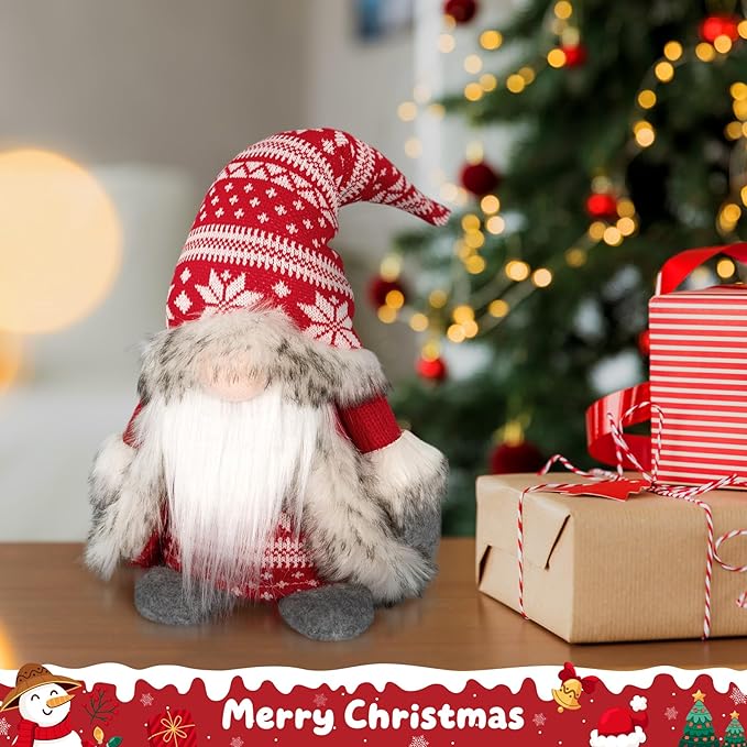 Gnomes Christmas Decorations - Red Plush Holiday Gnome Figurine with Faux Fur Cloak, Cute Nordic Tabletop Accent for Mantel, Shelf, Office or Festive Idea